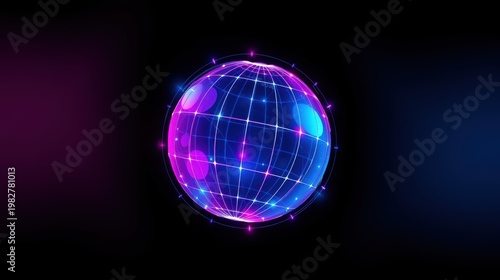 Neon globe illustration. Bright pink, blue lines form spherical shape. Dark background enhances glowing effect. Modern digital art.