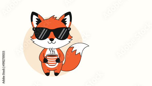 Cool orange fox wearing dark sunglasses and holding a mug of steaming coffee, looking confident and trendy as a mascot.