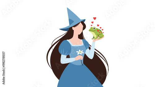 Beautiful princess with long dark hair wearing a blue gown and a witch hat, holding a daisy and a frog with heart icons.