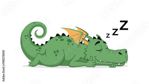 Large green dragon sleeping peacefully on its stomach with zzz icons, featuring orange wings and a curled tail.