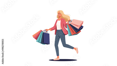 Stylish blonde woman in a pink blazer and plaid trousers carrying many colorful shopping bags while walking joyfully.
