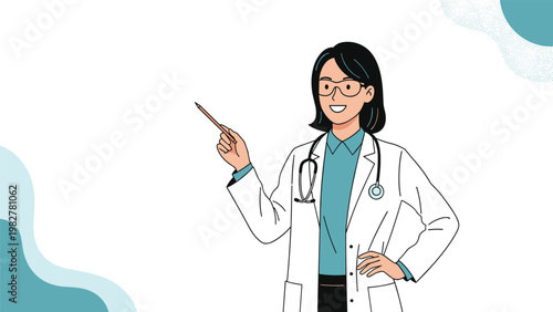 Professional female doctor with dark hair and glasses pointing with a pencil while giving a medical presentation or lecture.