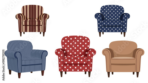 Set of five comfortable upholstered armchairs featuring diverse patterns such as classic stripes and playful polka dots in multiple colors.