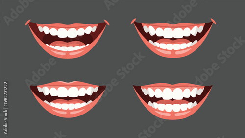 Four variations of wide smiling human mouths showing healthy white teeth and gums against a dark gray background.