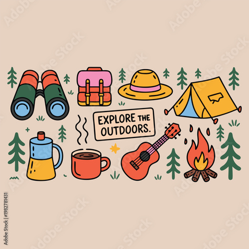 Colorful illustration of various outdoor adventure items and activities