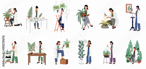 Set of Illustrations Featuring a Female Botanist Studying Ferns and Conducting Scientific Research in a Laboratory Setting.