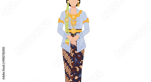 Woman stands in a traditional Indonesian outfit featuring a crisp light blue kebaya top and a dark patterned batik skirt.