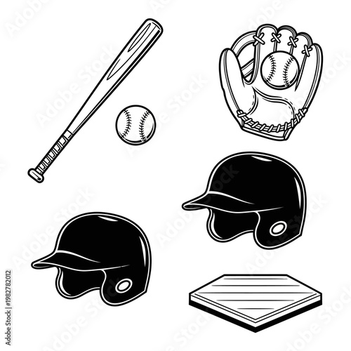 Baseball Equipment Set: Bat, Ball, Glove, Helmets, and Home Plate - Black and White Illustration