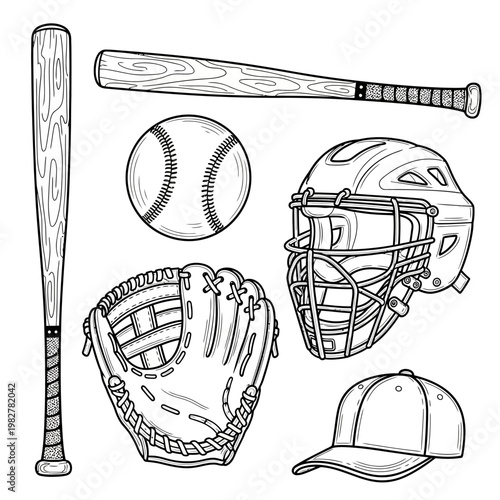 Baseball Equipment Set: Bat, Ball, Glove, Mask, and Cap - Vintage Sketch Style