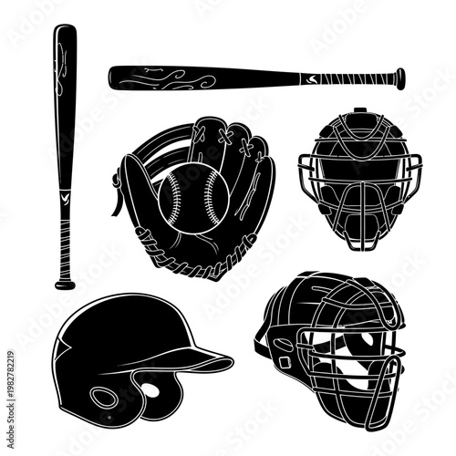 Baseball Equipment Silhouette: Bat, Glove, Ball, Helmets, Catcher's Mask