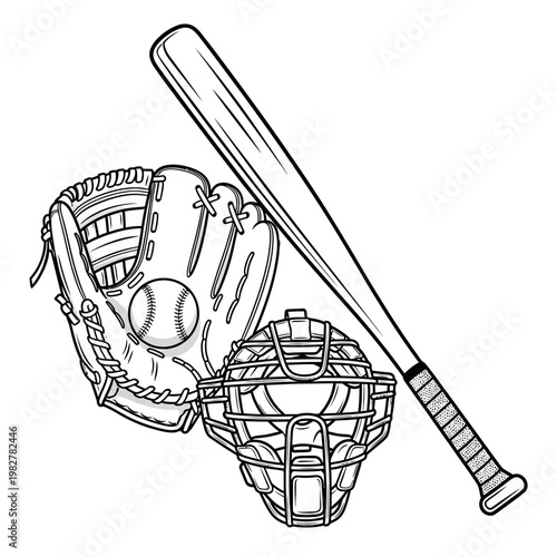 Baseball Equipment: Bat, Glove, Mask, and Ball - Black and White Line Art