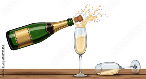 Champagne bottle pouring into glass on wooden table