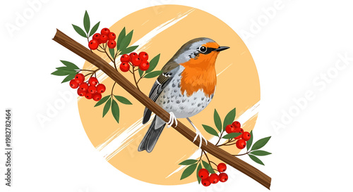 Vibrant illustration of a robin perched on a branch with red berries