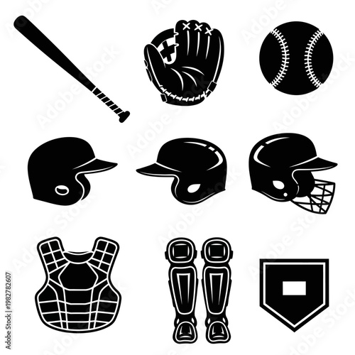Baseball equipment icons: bat, glove, ball, helmets, catcher's gear, shin guards, home plate
