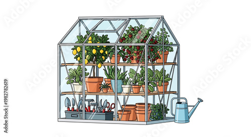 Greenhouse with plants and gardening tools