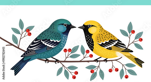 Two colorful birds perched on a branch with red berries