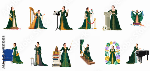 Elegant collection of female opera singer illustrations in various theatrical and musical settings, wearing a classic green gown with intricate gold embroidery.