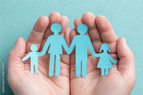 Hands holding blue paper cutouts of a family consisting of two adults and two children against a light blue background, symbolizing family unity and love