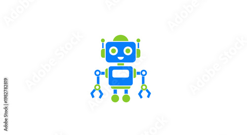 Blue Robot Holding Wrenches Standing.