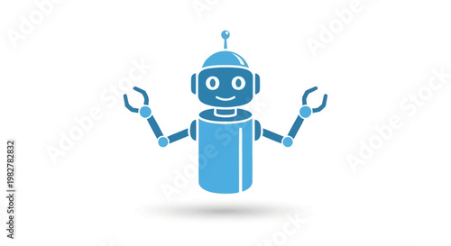 Blue robot with wrench arms smiling.