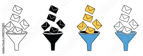 Email spam filtering and message sorting icon set, clean minimalist vector collection featuring inbox shield, filter funnel, and categorized message folders for email