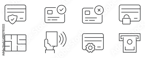 Credit Card Banking Icon Set include Secure Shield, Payment Success, Failed Transaction, Lock, Chip, Contactless NFC, Gear Settings, and ATM Cash