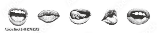 Y2K set Lips Halftone mimicking print photocopy effect. Vector Isolated: Mouth open, tongue, kiss. Retro grain spray stippling noise texture transparent background. 2000s collage effect punk tattoo.