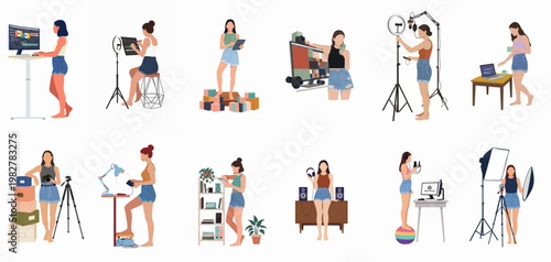 Flat vector illustration set showing a woman in various creative roles like video editing, podcasting, photography, and digital content creation.
