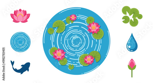 Tranquil Pond Scene with Lotus Flowers, Lily Pads, Koi Fish, and Water Droplets
