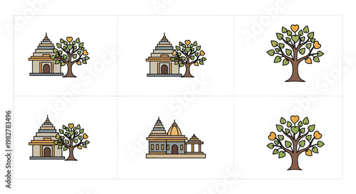 Indian Temple and Tree Icons Set: Traditional Architecture and Nature Symbols