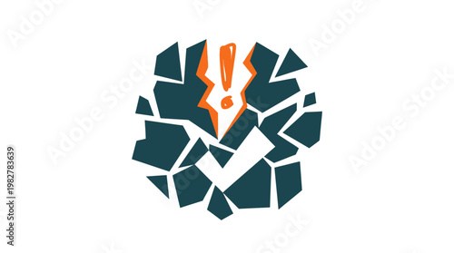 Vector Icon of Broken Puzzle Pieces with Exclamation Mark and Checkmark for Problem Solving and Solution Concept