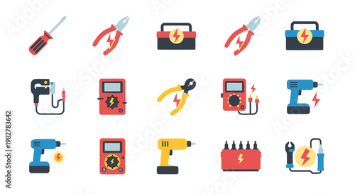 Electrician Tools Icons Set: Screwdriver, Pliers, Drill, Multimeter, Toolbox