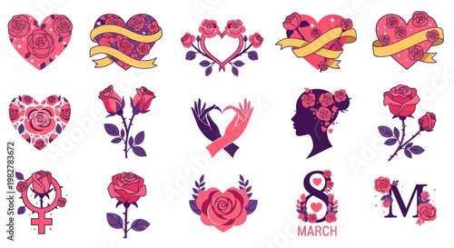 International Women's Day Icons: Roses, Hearts, Female Symbol, Silhouette, 8 March