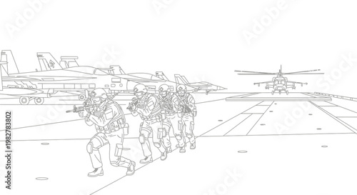 Military Special Forces Team Advancing on Airfield with Fighter Jets and Helicopter