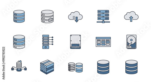 Database Icons Set: Cloud Storage, Servers, Hard Drives, Network, and Data Cubes
