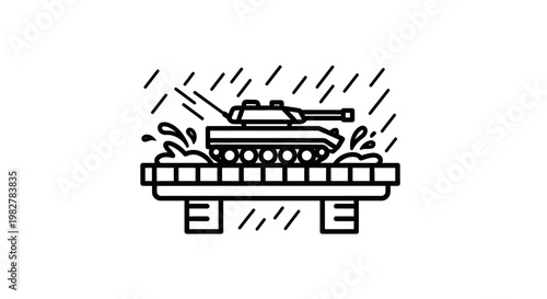 Military Tank Crossing Water Obstacle with Rain