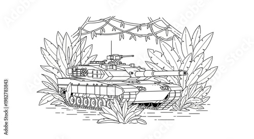 Military Tank in Jungle Environment - Line Art Illustration