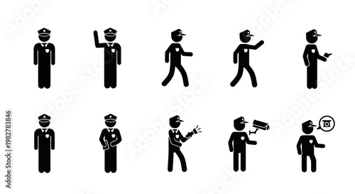 Police Officer Icons: Standing, Waving, Walking, Holding Flashlight, Camera, Talking