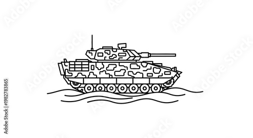 Military tank illustration, camouflage pattern, moving through water, outline drawing