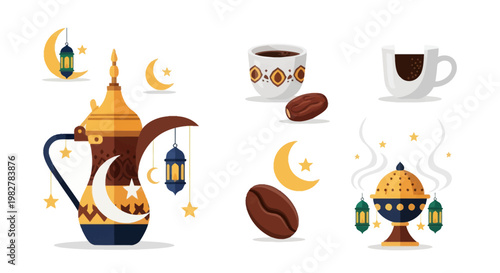 Ramadan Kareem Iftar Coffee and Incense Set with Crescent Moon and Lanterns