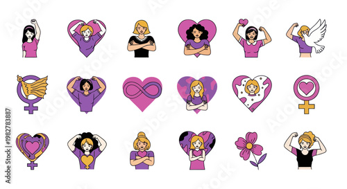 Feminist Icons: Empowered Women Symbols, Hearts, and Female Power Illustrations