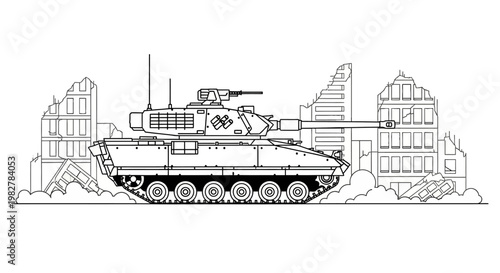 Modern Tank in Ruined City Landscape, Military Warfare Concept