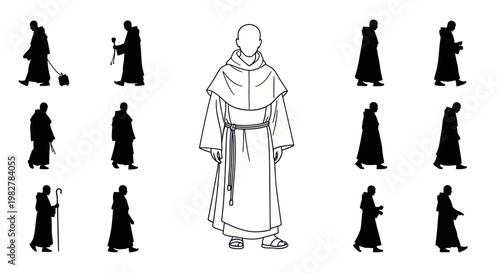 Monk Silhouette Collection: Walking Figures and Standing Figure Illustration