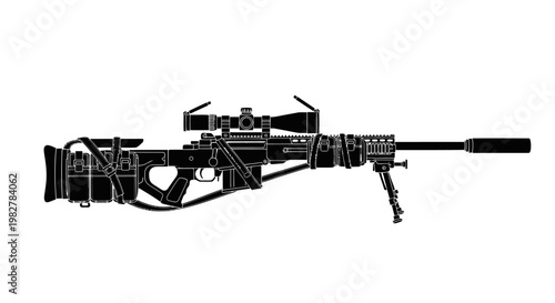 Modern Sniper Rifle with Suppressor and Scope - Black and White Illustration