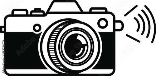 Minimalist black and white line art illustration of a modern digital camera capturing wireless signal waves for professional photography