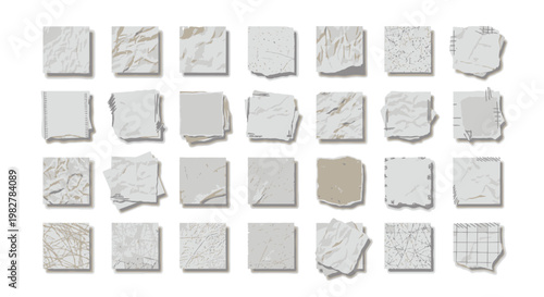 Collection of torn and crumpled paper squares with shadows on white background