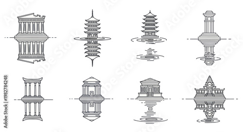 Collection of hand-drawn famous architectural landmarks with reflections in water
