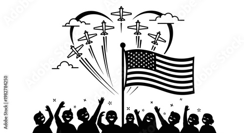 Patriotic Crowd Cheers American Flag and Airplanes in Heart Formation