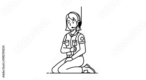 Operator Kneeling with Headset and Microphone, Line Art Illustration