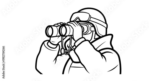 Person in helmet and goggles looking through binoculars, illustration